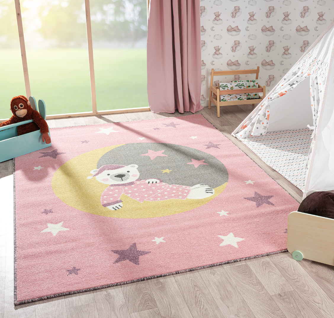 A to Z Moon Bear Kids Pink Area Rug