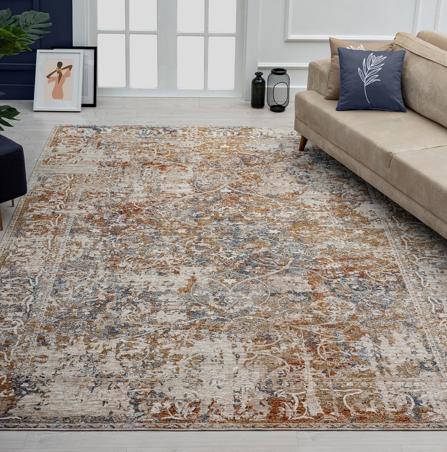 Camilla Indigo and Rust Tones Transitional Area Rug