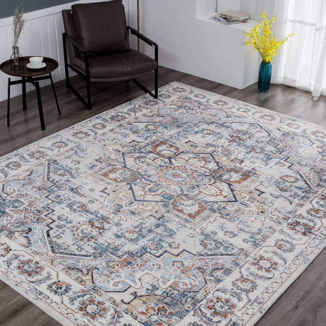 Denali Vintage Blues and Rust Traditional Area Rug