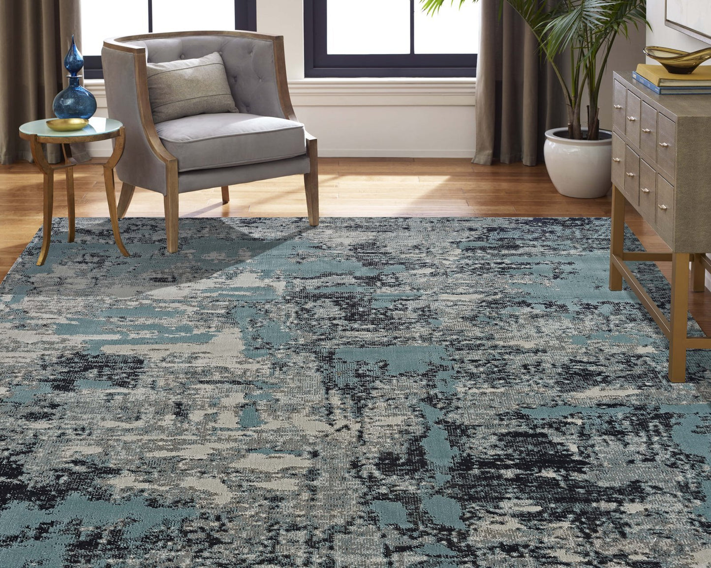 Modena Aqua and Zinc Abstract Area Rug