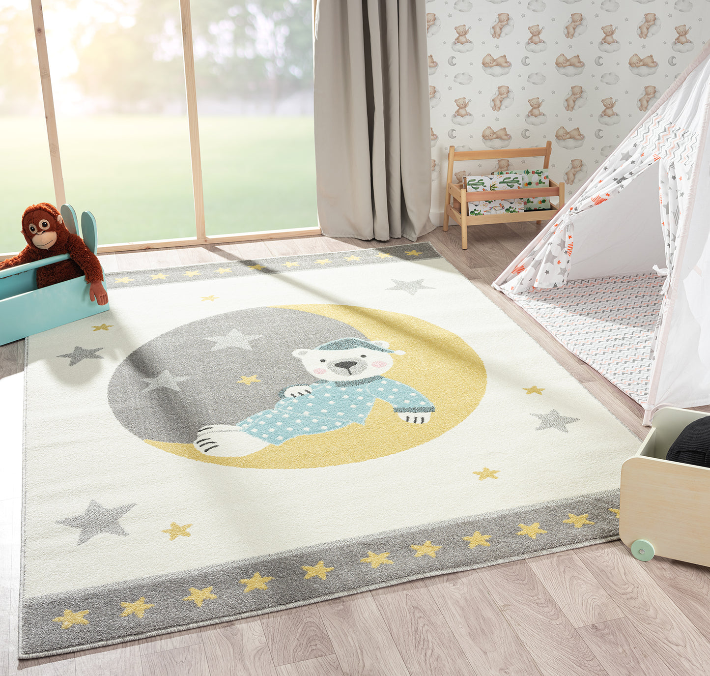 A to Z Moon Bear Kids Beige and Grey Area Rug