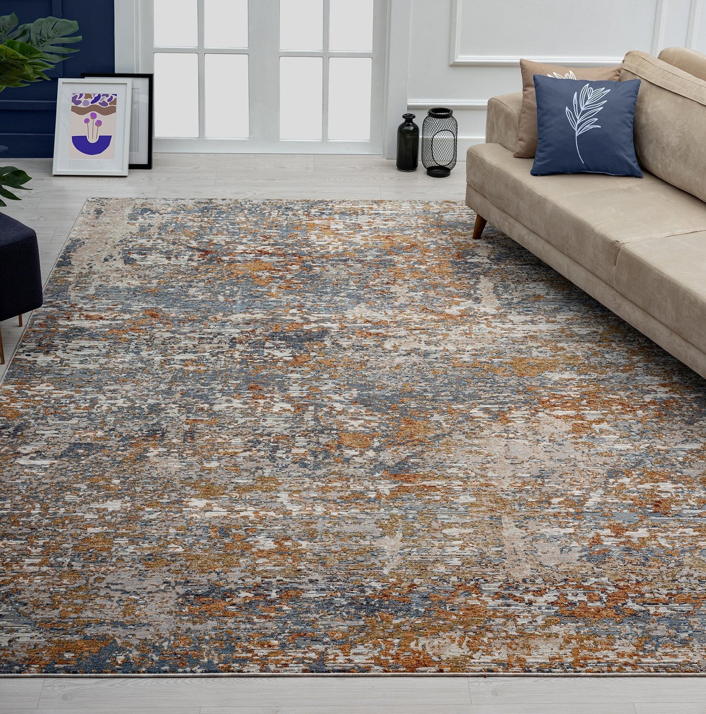 Camilla Blue and Rust Tones Abstract Area Rug