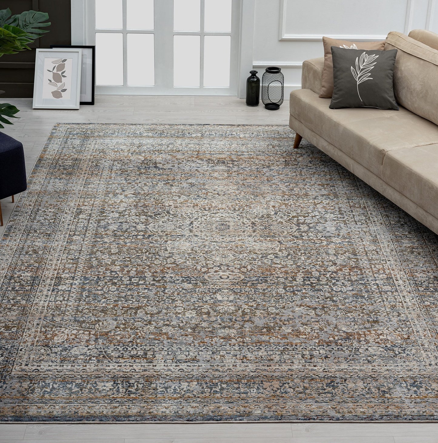 Camilla Vintage Blues and Rust Traditional Area Rug